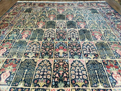 Persian Rug 10x15, Authentic Oriental Carpet 10 x 15, Wool Area Rug Panel Design Hand-Knotted Vintage Kirman Yazd Rug, Dark Blue and Beige,  Floral - Nuvé