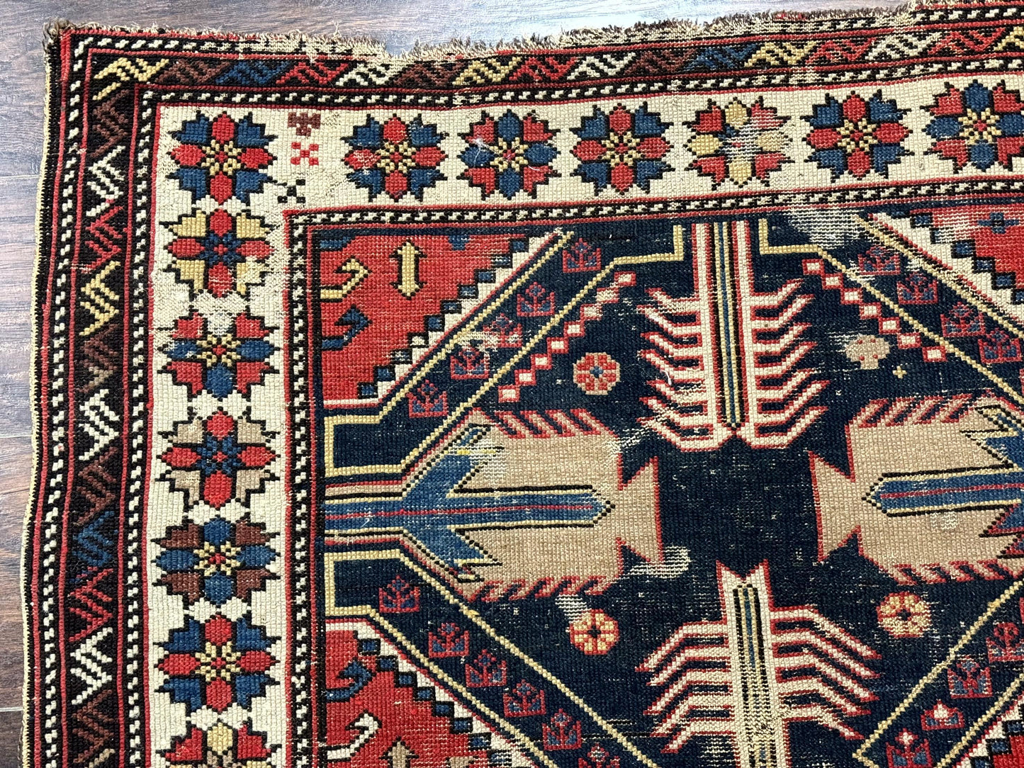 Antique Shirvan Caucasian Rug 3x5, Geometric Pattern, Red Navy Blue Beige - Nuvé