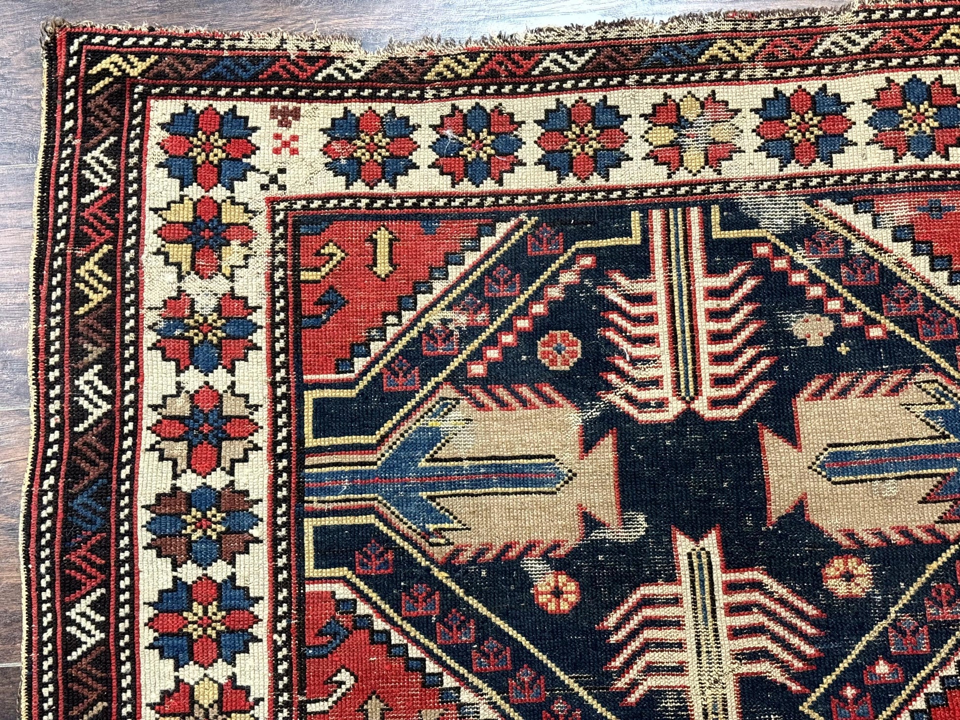 Antique Shirvan Caucasian Rug 3x5, Geometric Pattern, Red Navy Blue Beige - Nuvé