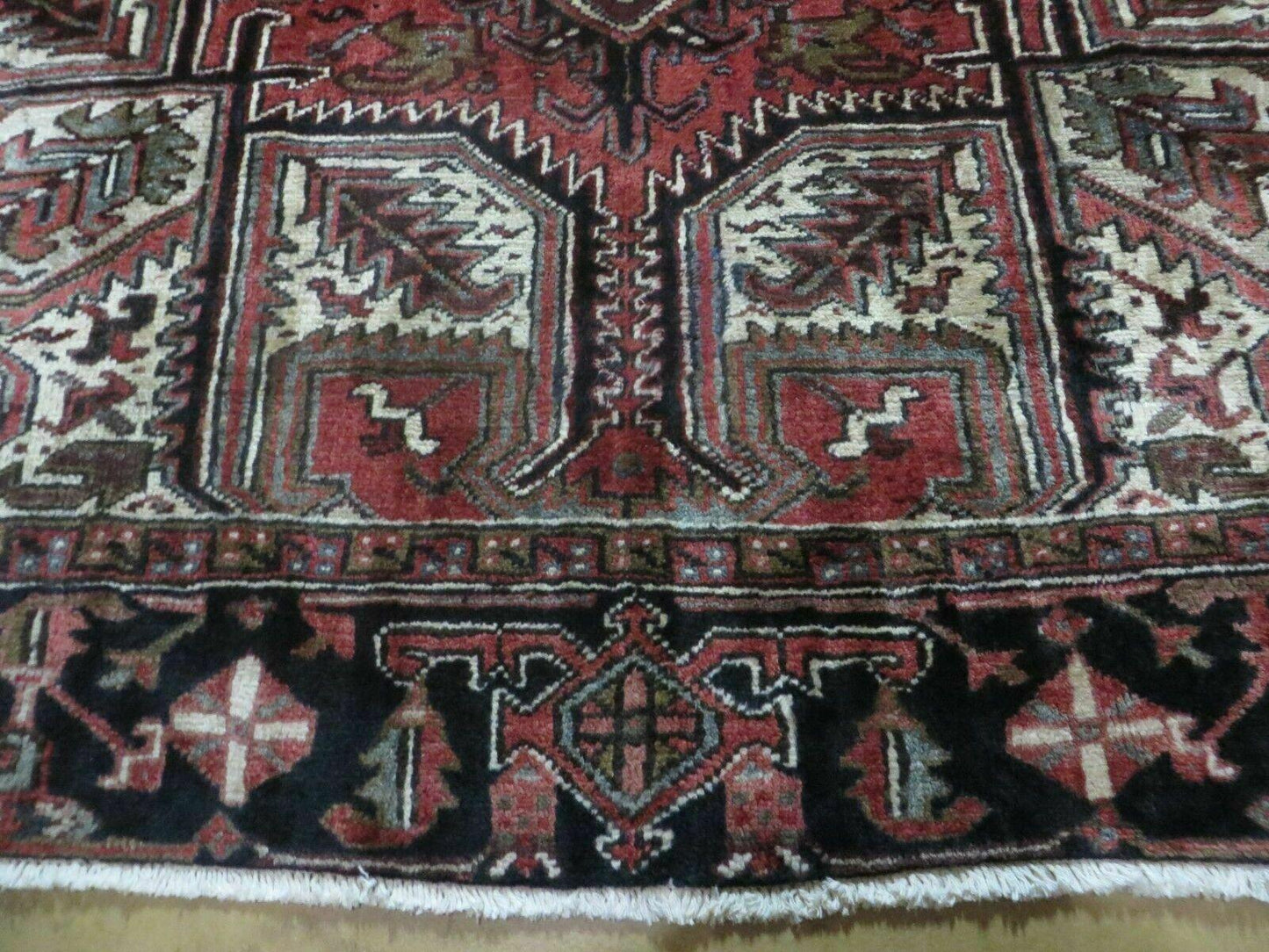 Persian Heriz Rug 8x12 Semi Antique Heriz Carpet, Room Sized Persian Carpet, Geometric Medallion, Wool, Hand Knotted, Red Ivory Dark Blue - Nuvé