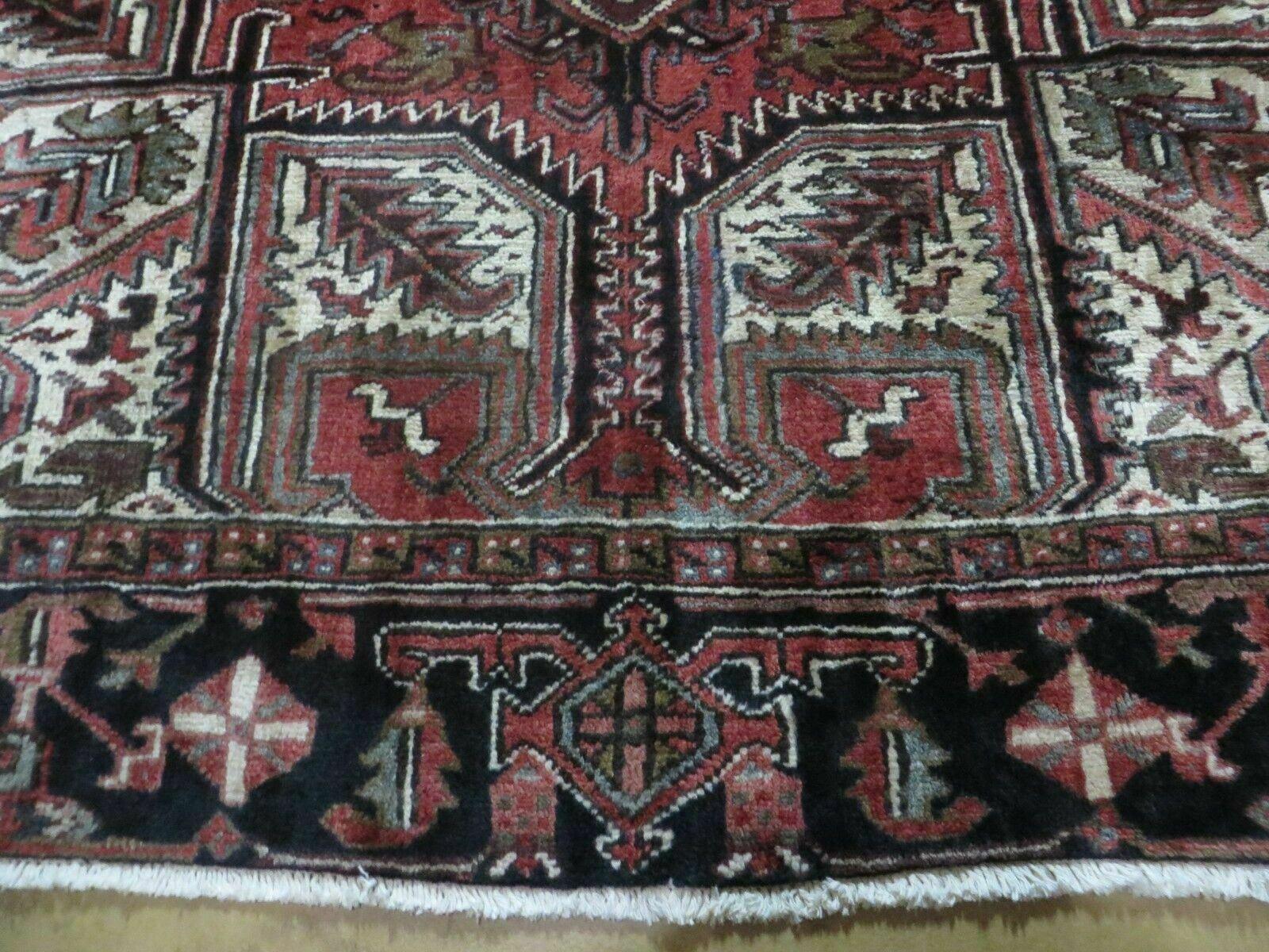 Persian Heriz Rug 8x12 Semi Antique Heriz Carpet, Room Sized Persian Carpet, Geometric Medallion, Wool, Hand Knotted, Red Ivory Dark Blue - Nuvé