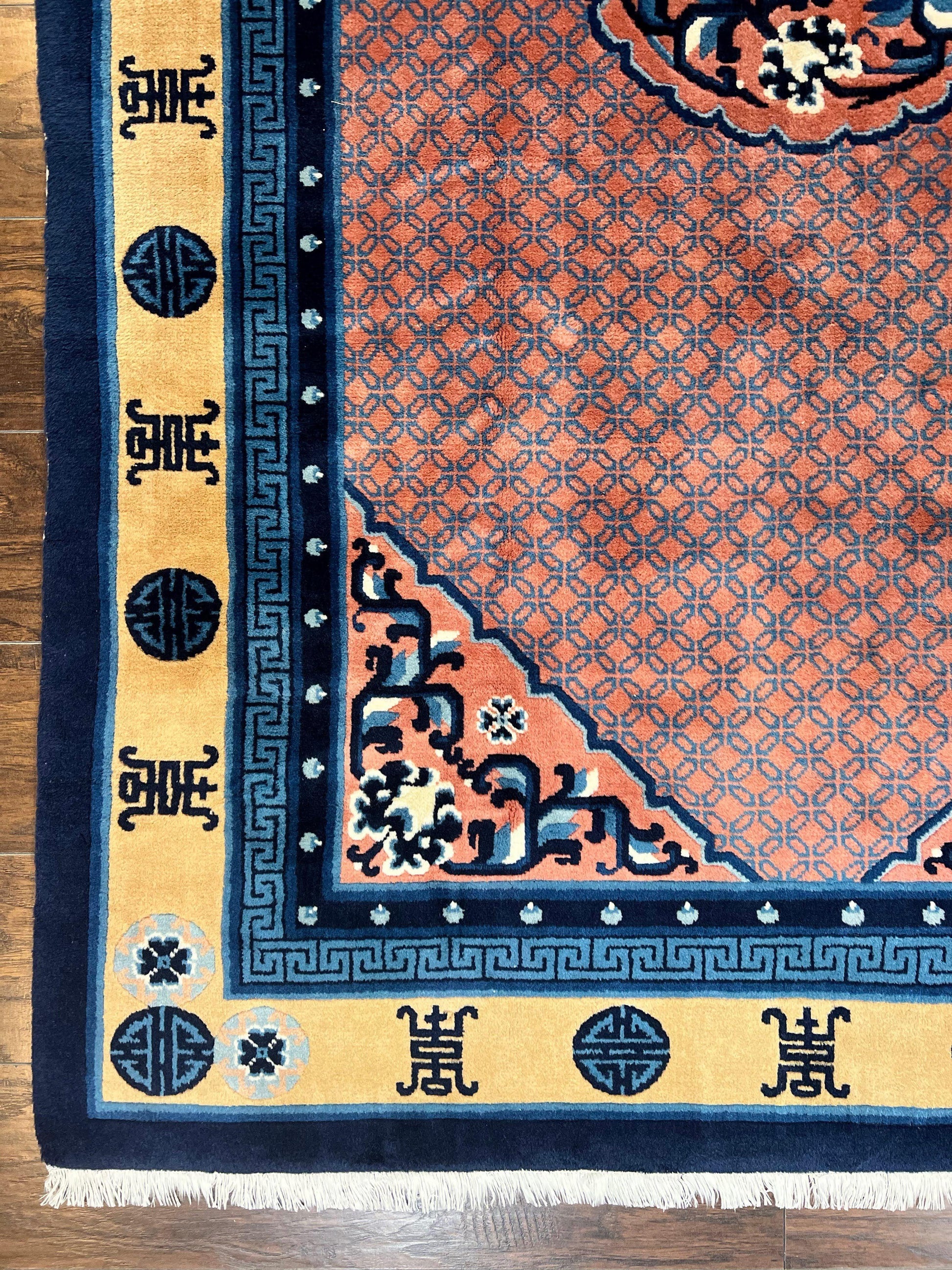Chinese Peking Rug 5x8, Vintage Semi Antique Chinese Art Deco Carpet, Wool Pile Light Red/Salmon Gold Navy Blue, Handmade Asian Oriental Rug - Nuvé