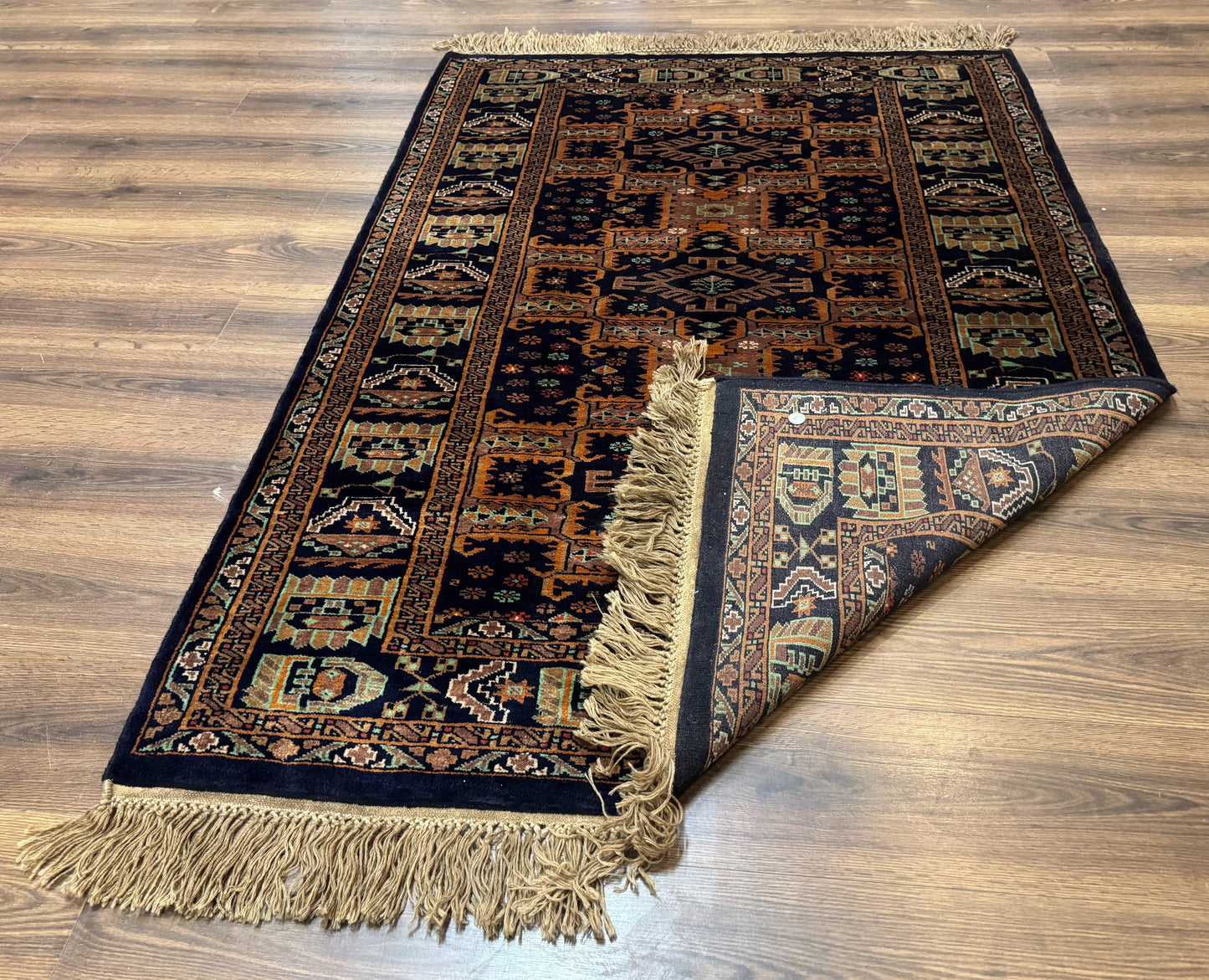 Vintage Afghan Rug 4x6, Navy Blue and Light Brown, Geometric Medallions, Wool on Wool, Tribal Rug - Nuvé