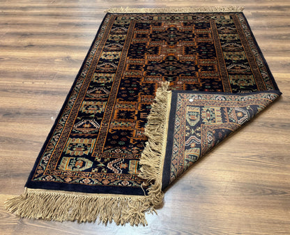 Vintage Afghan Rug 4x6, Navy Blue and Light Brown, Geometric Medallions, Wool on Wool, Tribal Rug - Nuvé