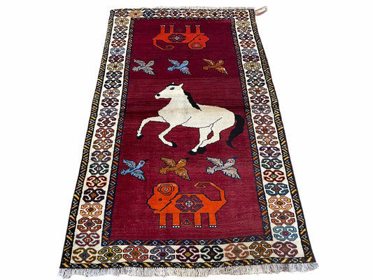 4 X 6 Handmade Zagros Wool Rug Horse Birds Ram Sheep Colorful New Vintage Rug - Nuvé