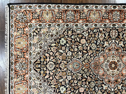 Silk Indian Kashmiri Rug 3x5, Indo Persian Silk on Silk Carpet, Very Fine 350 KPSI, Navy Blue, Handmade, Floral Medallion - Nuvé