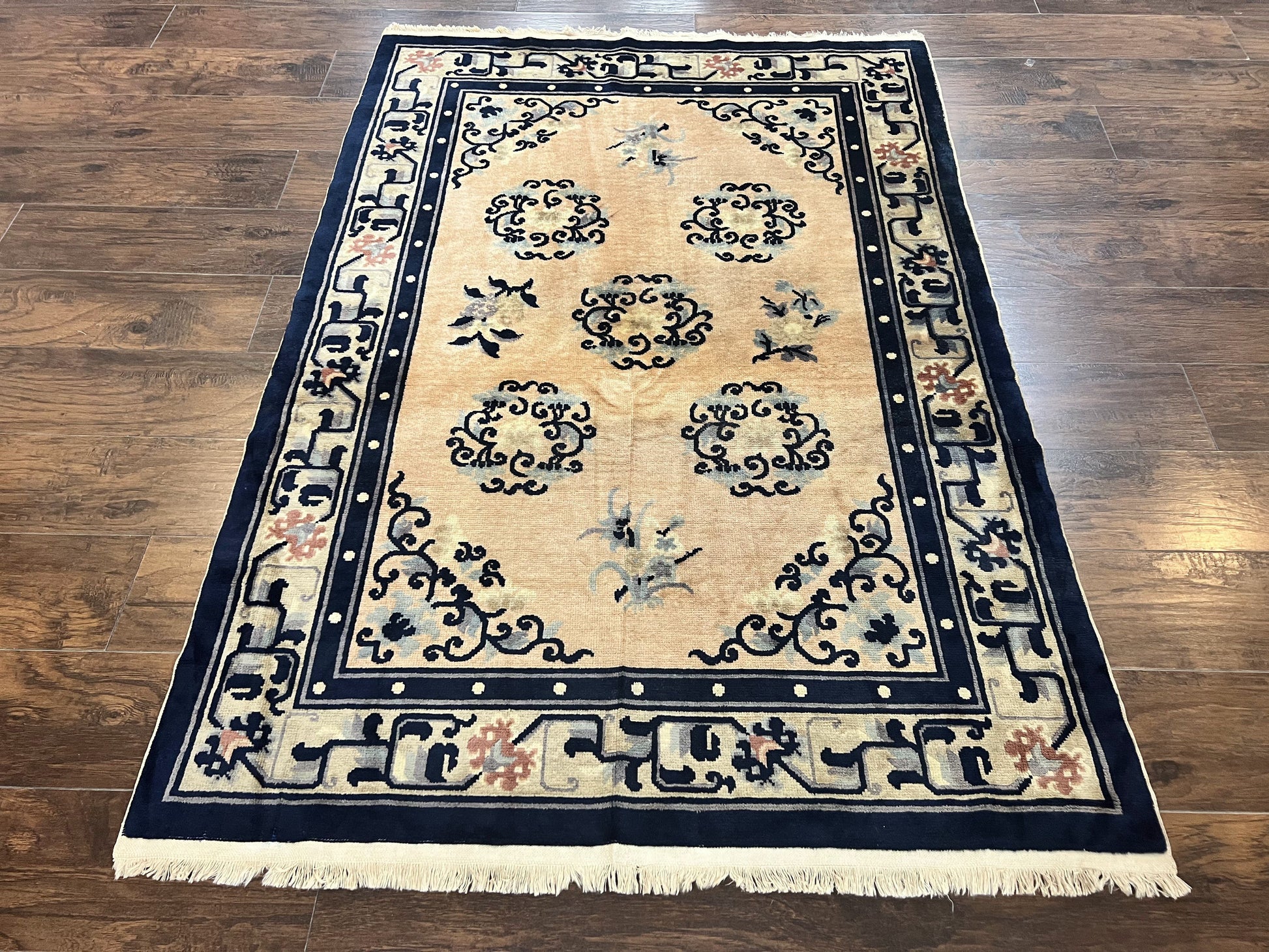 Chinese Peking Rug 4x6, Wool Hand Knotted Handmade Vintage Semi Antique Carpet, Semi Open Field, Light Peach & Navy Blue, Art Deco Rug - Nuvé