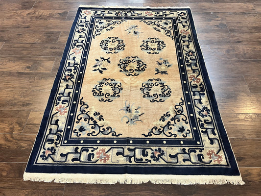Chinese Peking Rug 4x6, Wool Hand Knotted Handmade Vintage Semi Antique Carpet, Semi Open Field, Light Peach & Navy Blue, Art Deco Rug - Nuvé