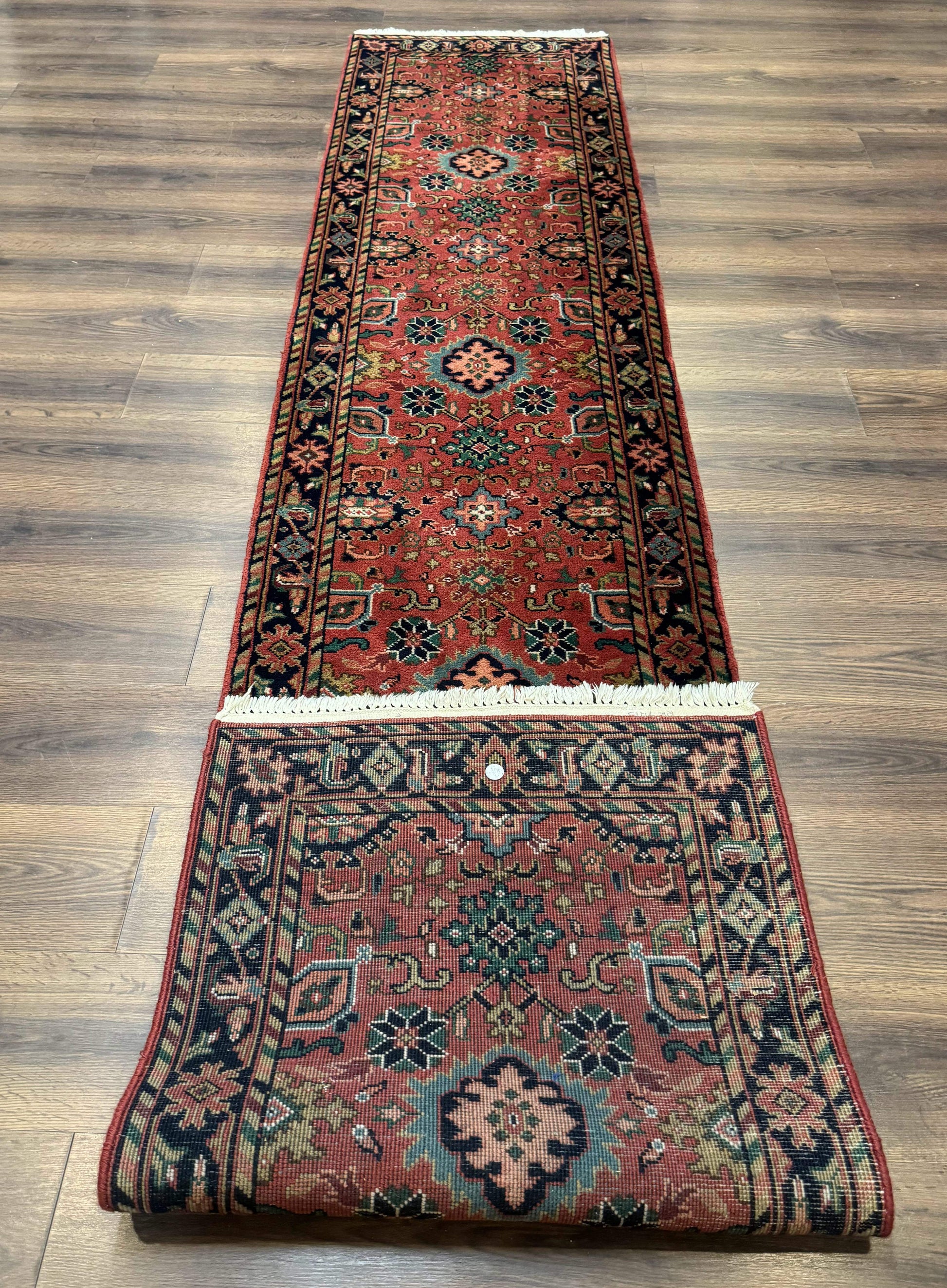 Indo Persian Heriz Runner Rug 2 x 12 ft, Hand Knotted Wool Hallway Rug, Red & Black - Nuvé
