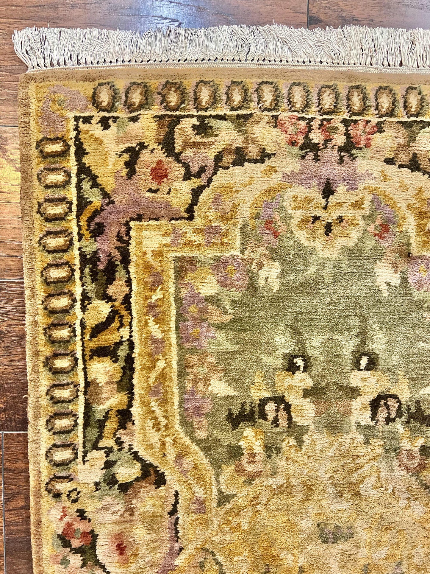 Tibetan Runner Rug 2.6 x 10, French Aubusson Pattern, Gold Olive Green, Vintage Handmade European Design, Wool Hallway Rug - Nuvé