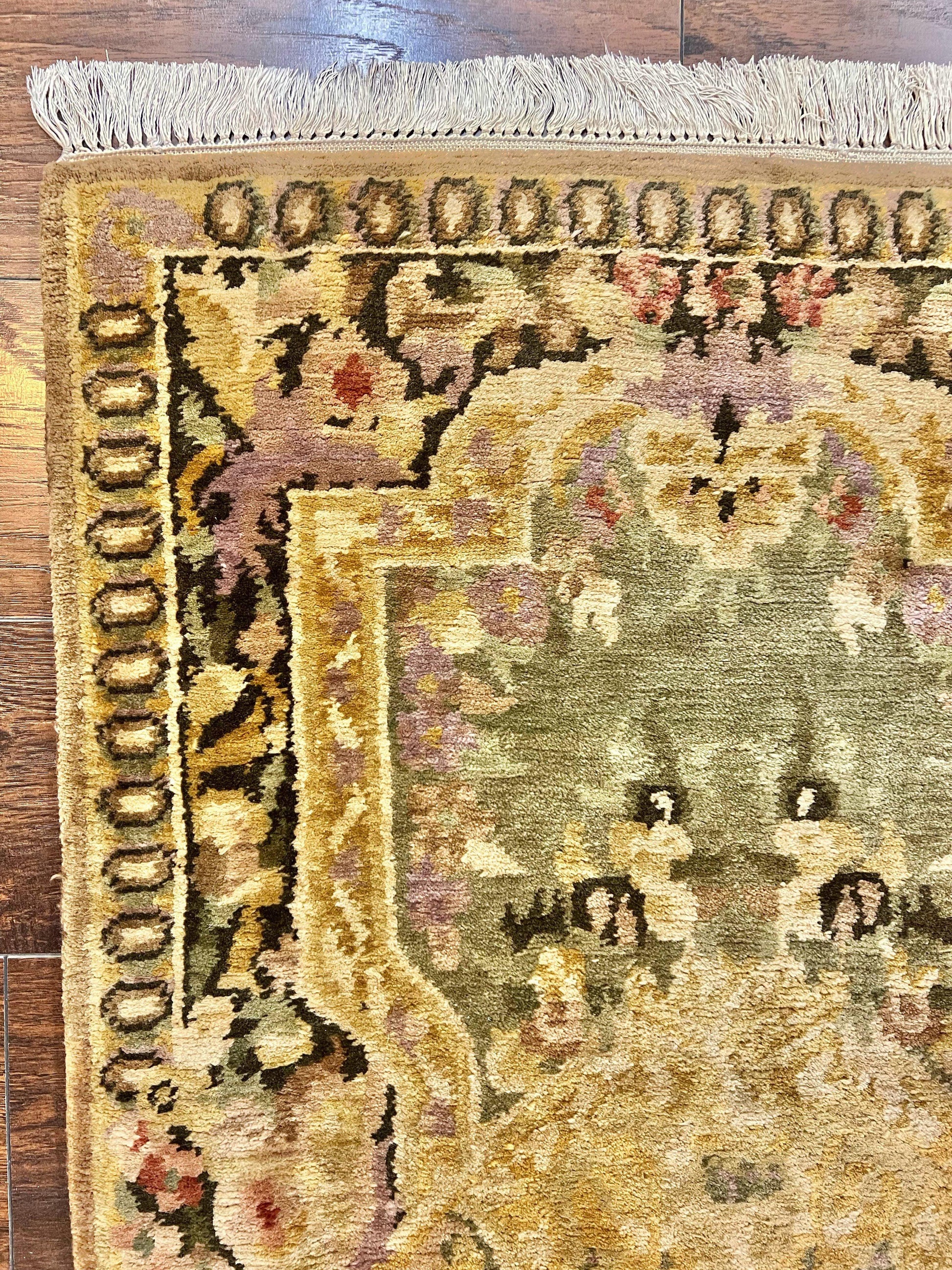 Tibetan Runner Rug 2.6 x 10, French Aubusson Pattern, Gold Olive Green, Vintage Handmade European Design, Wool Hallway Rug - Nuvé