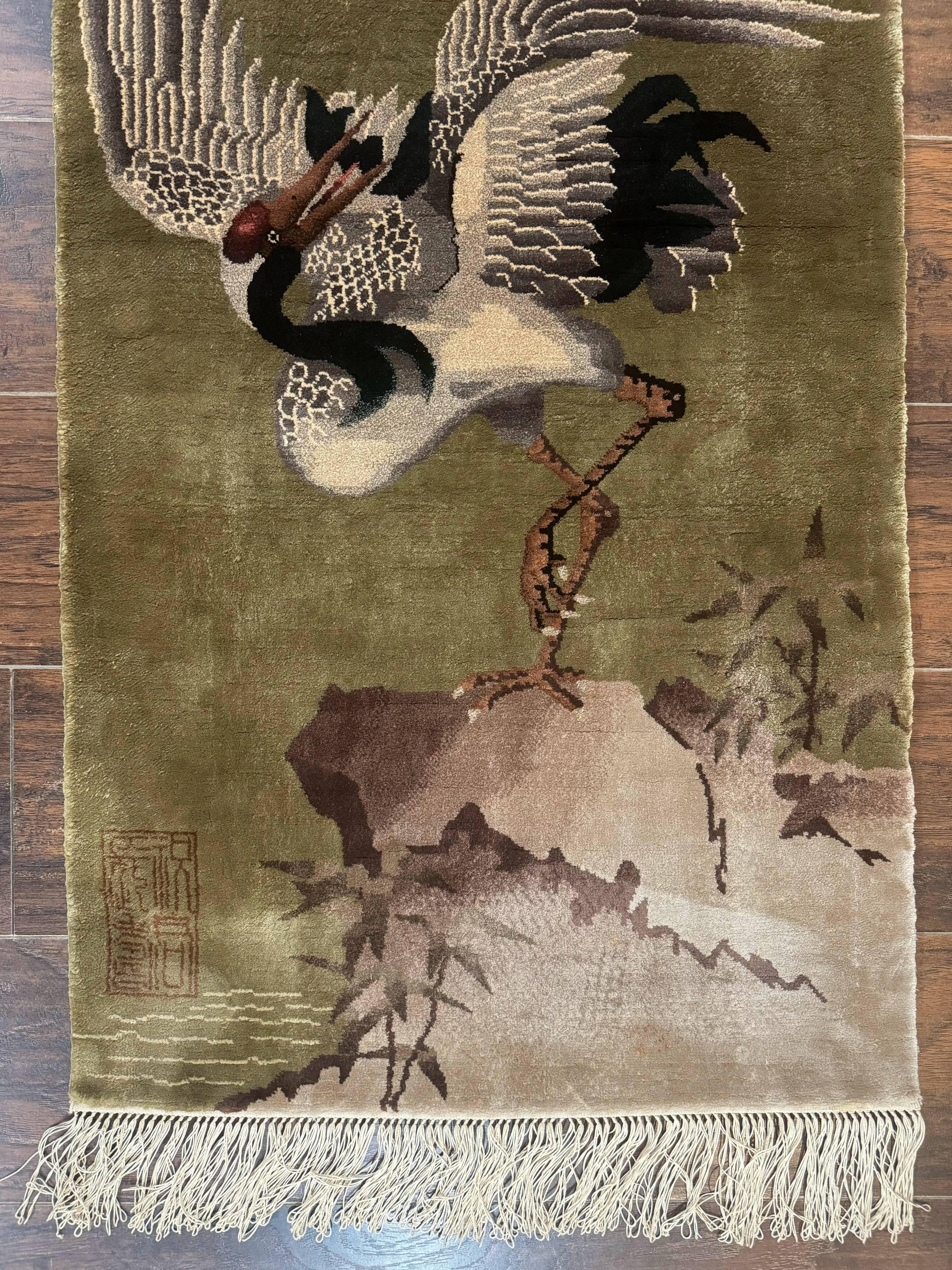 Silk Chinese Wall Hanging 2x4, Vintage Antique, Handmade, Bird on Mountain, Rug Tapestry - Nuvé