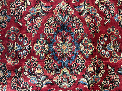 Persian Sarouk Rug 5x6, Hand Knotted Antique 1920s Sarouk, Red Navy Blue