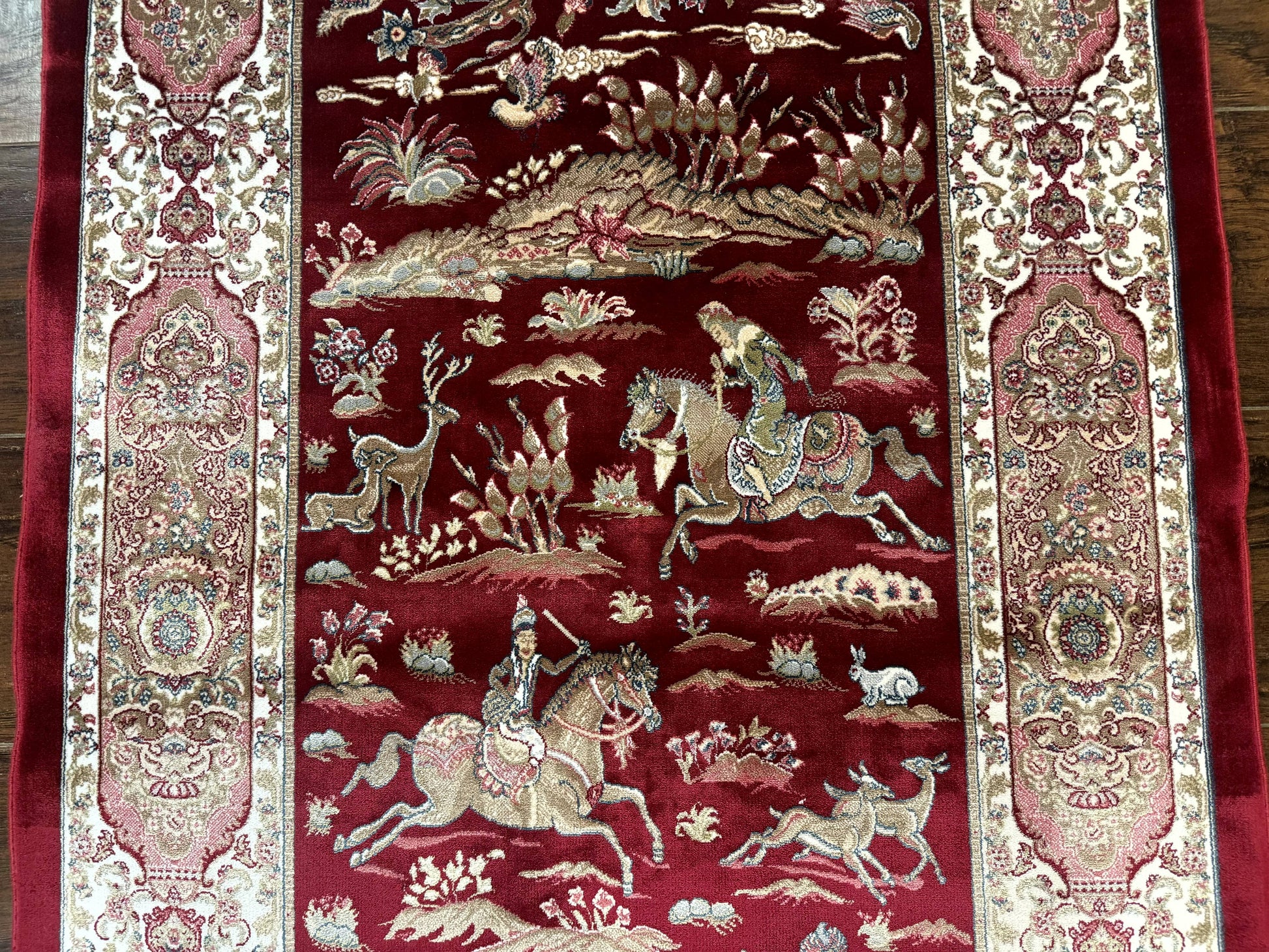 Dark Red Turkish Silk Rug 2.6 x 4, Hunting Design Scene, Bamboo Silk - Nuvé