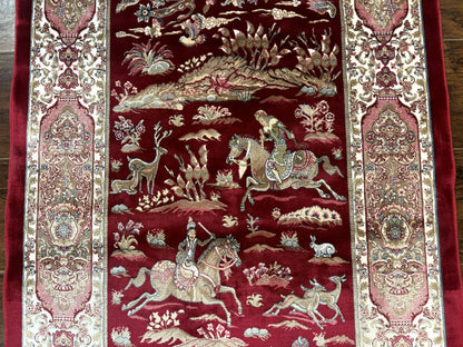 Dark Red Turkish Silk Rug 2.6 x 4, Hunting Design Scene, Bamboo Silk - Nuvé