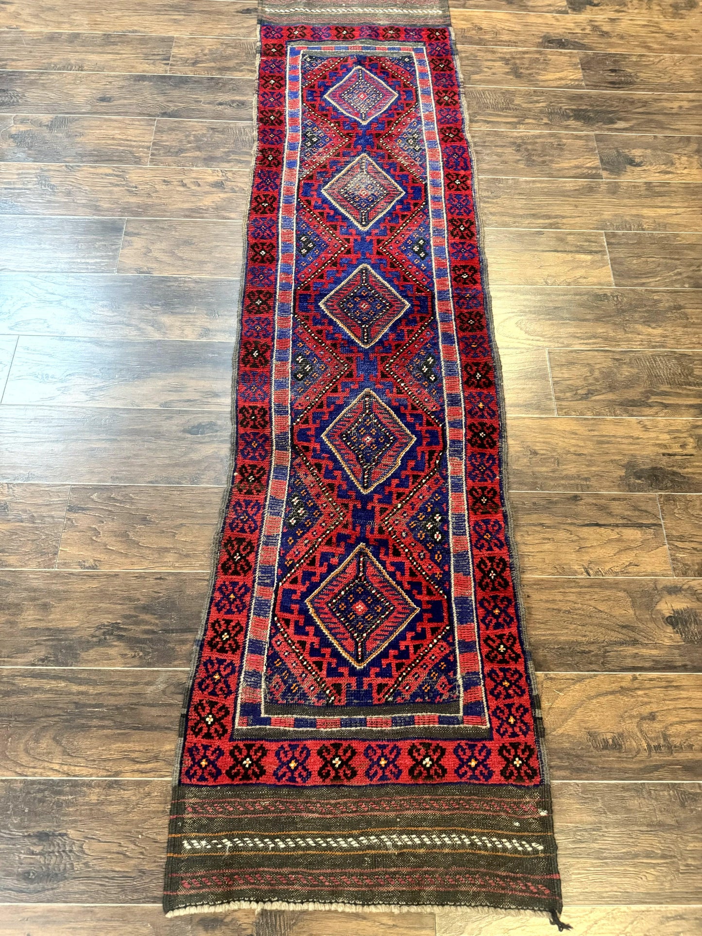 Turkoman Runner Rug 2 x 8.6, Skinny Runner, Handmade Wool Carpet for Hallway, Red and Blue, Wool, Vintage 8ft Runner - Nuvé