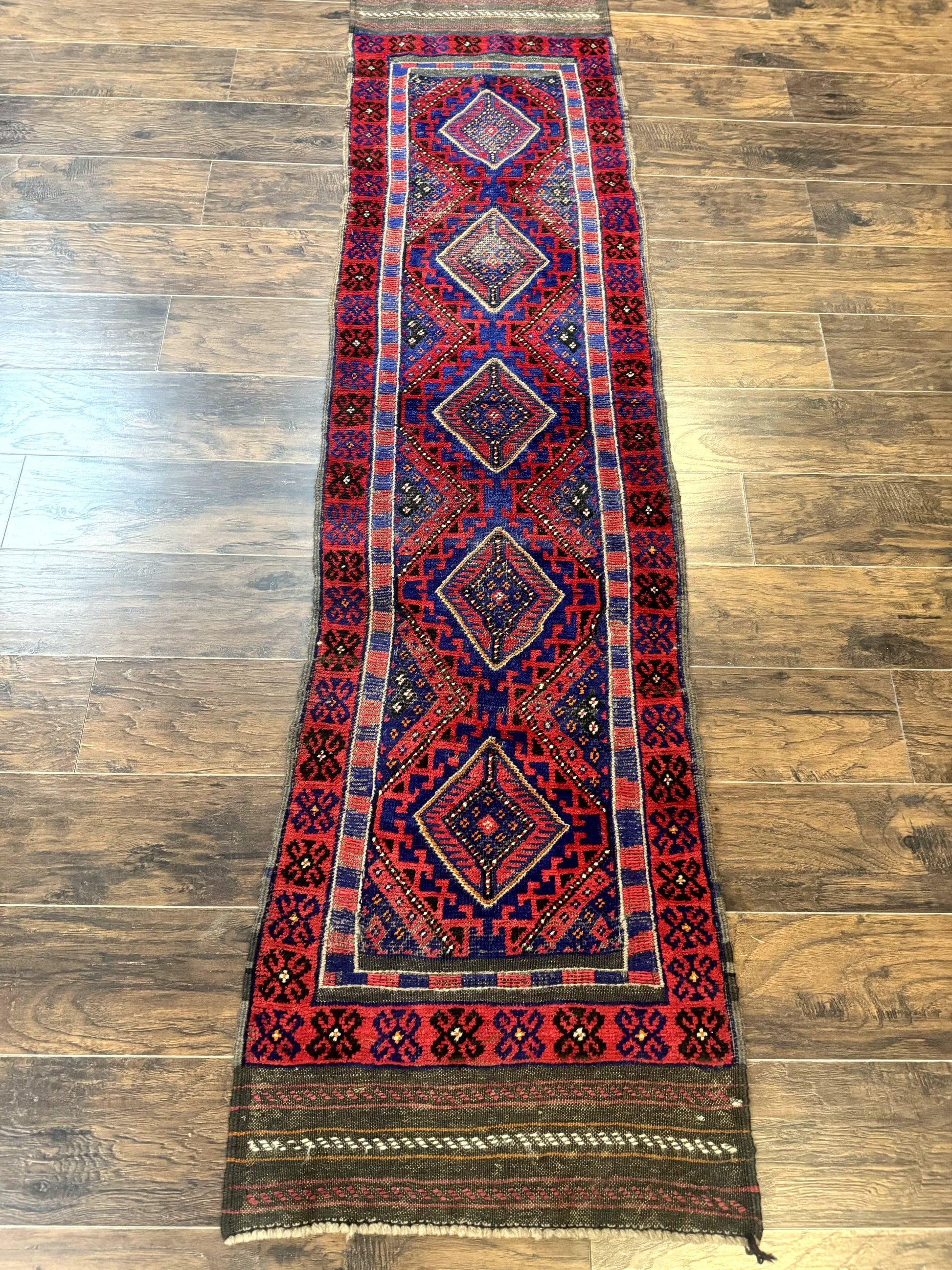 Turkoman Runner Rug 2 x 8.6, Skinny Runner, Handmade Wool Carpet for Hallway, Red and Blue, Wool, Vintage 8ft Runner - Nuvé