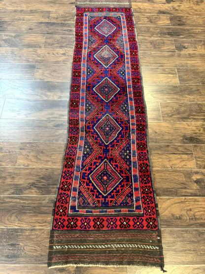 Turkoman Runner Rug 2 x 8.6, Skinny Runner, Handmade Wool Carpet for Hallway, Red and Blue, Wool, Vintage 8ft Runner - Nuvé