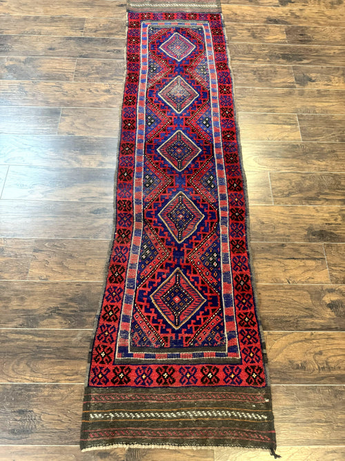 Turkoman Runner Rug 2 x 8.6, Skinny Runner, Handmade Wool Carpet for Hallway, Red and Blue, Wool, Vintage 8ft Runner - Nuvé