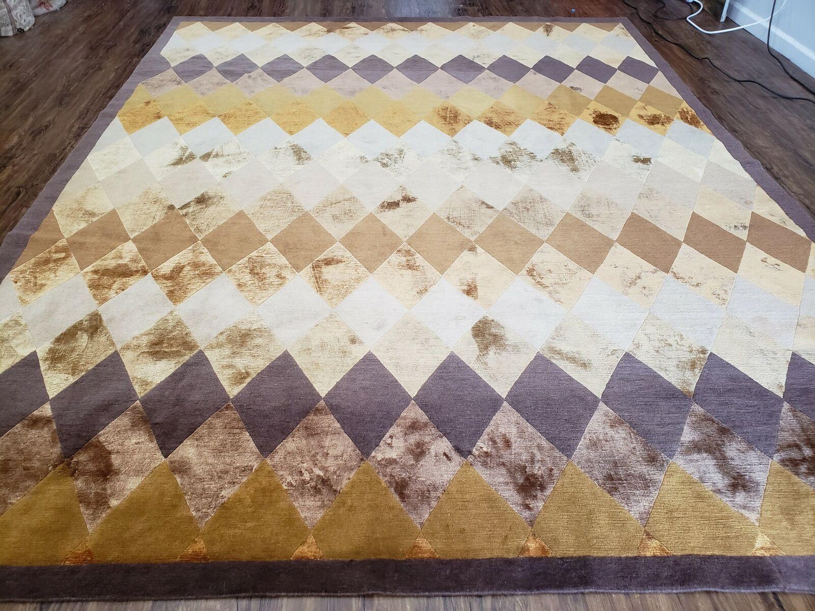 8' 6" X 11' Handmade Chinese Tibetan Nepal Silk & Wool Rug Gold Brown Tan Beige - Nuvé