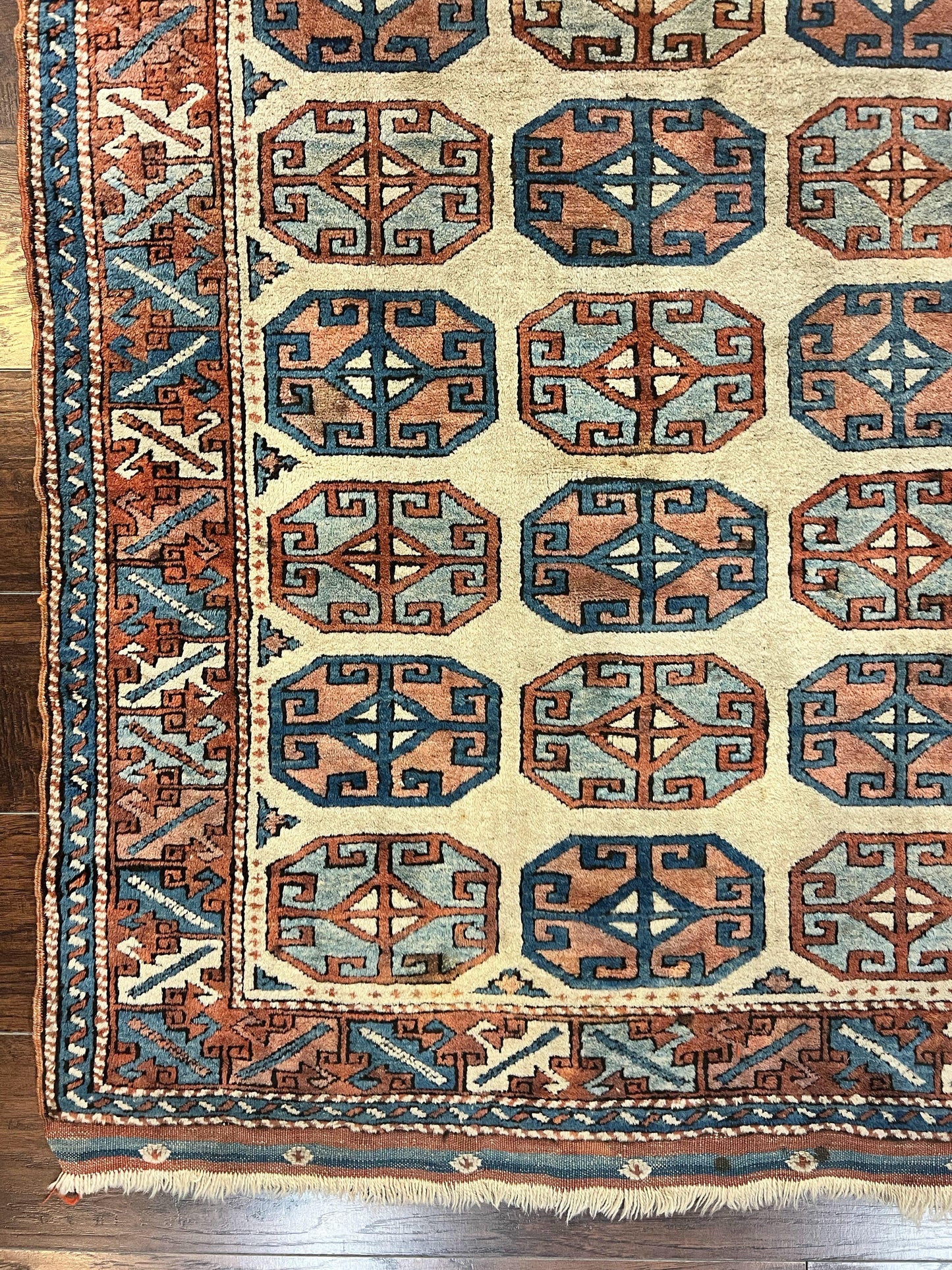 Turkish Kazak Rug 3x4, Wool Hand Knotted Handmade Vintage Carpet, Geometric Tribal Repeated Motif, Small 3 x 4 Antique Rug, Cream Red - Nuvé