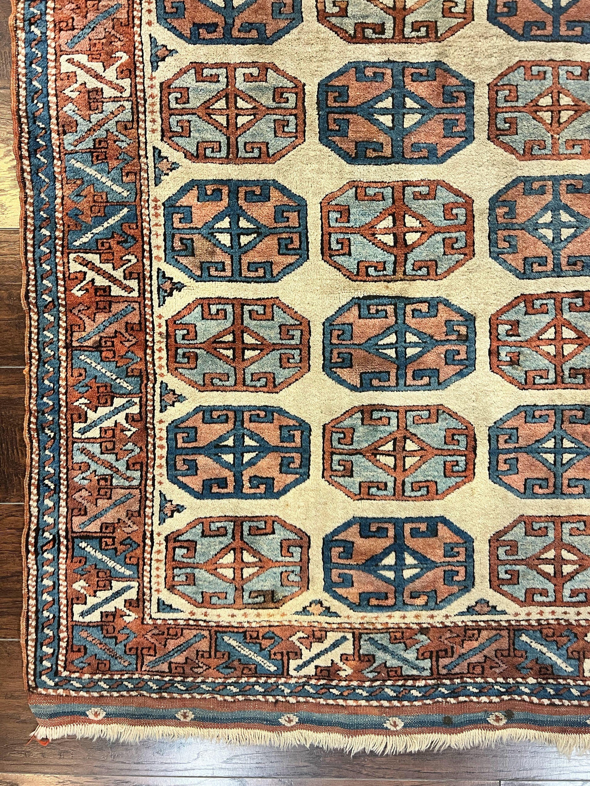 Turkish Kazak Rug 3x4, Wool Hand Knotted Handmade Vintage Carpet, Geometric Tribal Repeated Motif, Small 3 x 4 Antique Rug, Cream Red - Nuvé
