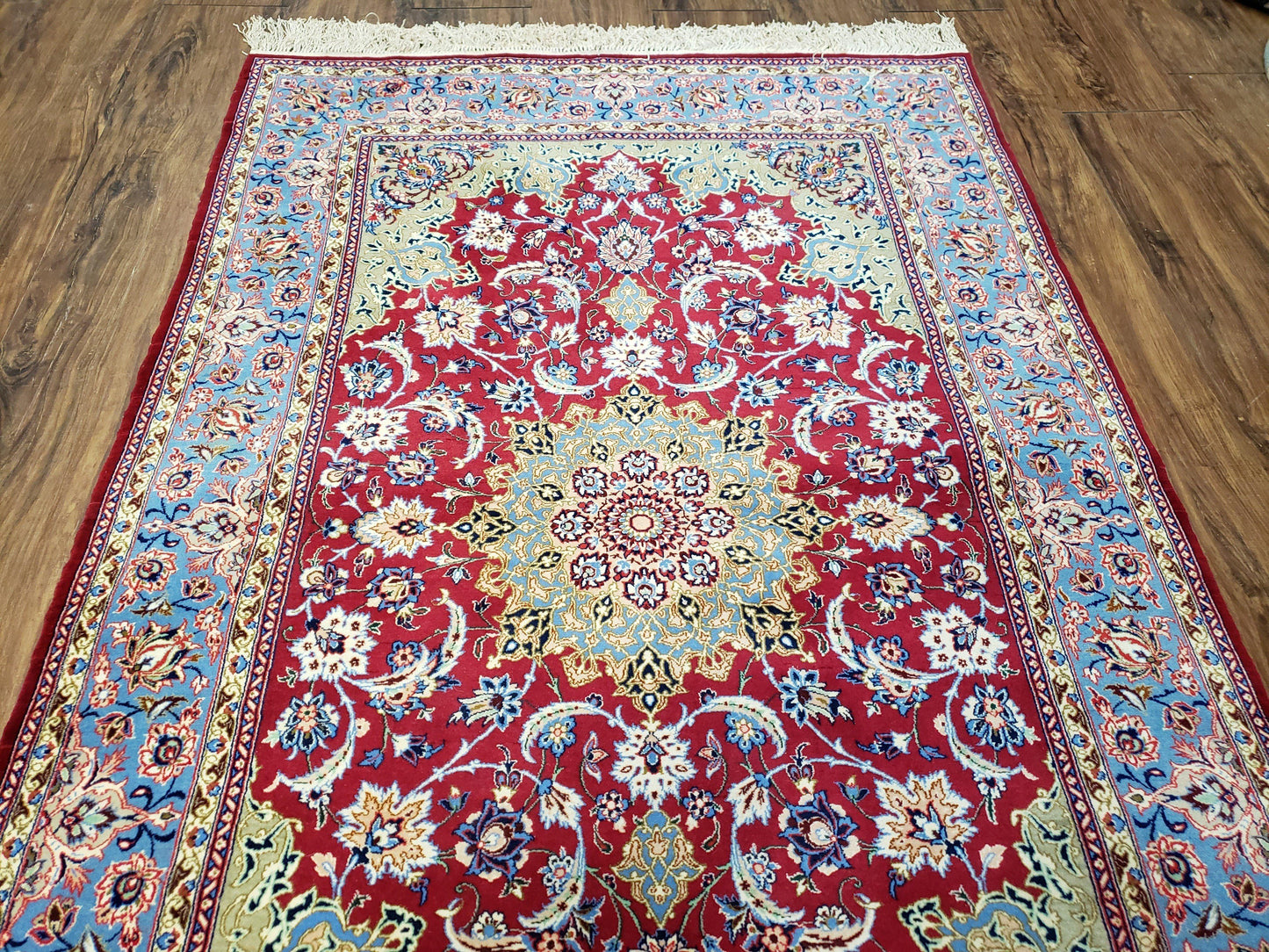 Semi Antique Persian Isfahan Rug, Kork Wool on Silk Foundation, Red & Blue, Top Quality, 3'6" x 5' 6" - Nuvé