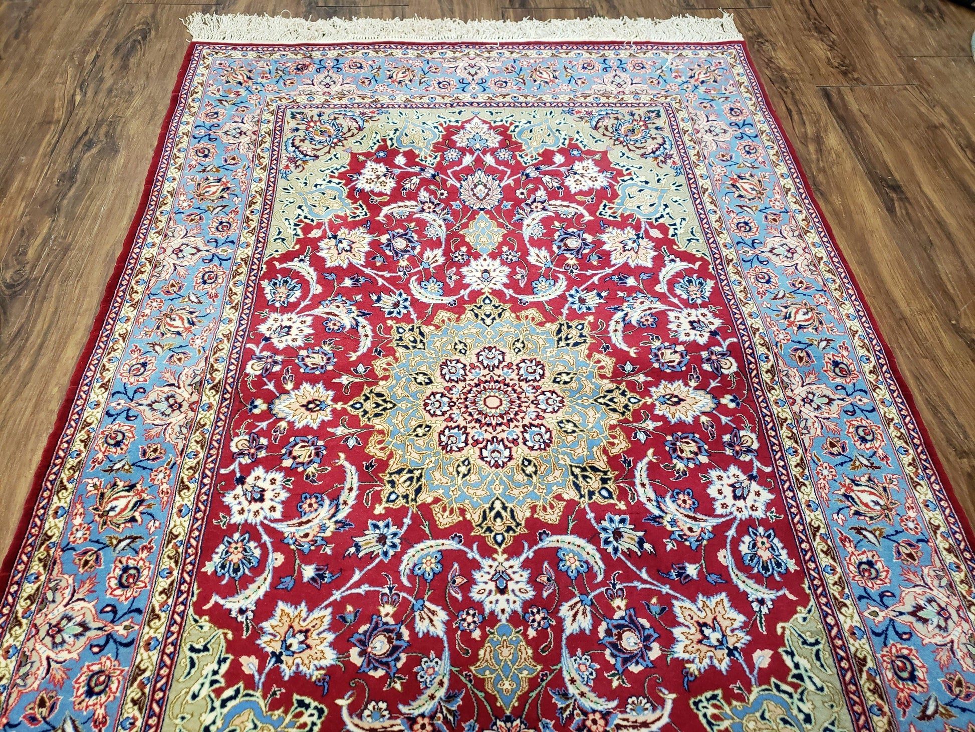 Semi Antique Persian Isfahan Rug, Kork Wool on Silk Foundation, Red & Blue, Top Quality, 3'6" x 5' 6" - Nuvé