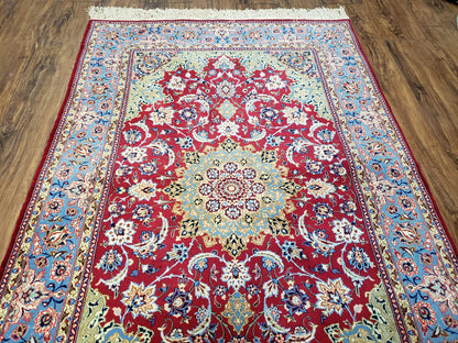 Semi Antique Persian Isfahan Rug, Kork Wool on Silk Foundation, Red & Blue, Top Quality, 3'6" x 5' 6" - Nuvé