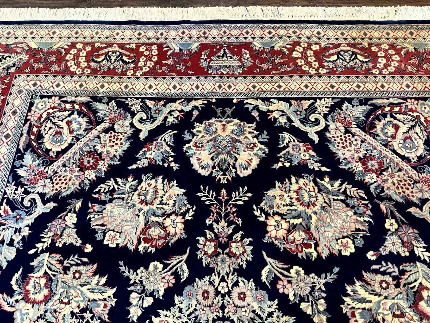 Sino Persian Rug 8x10, Floral Kirman Carpet, Navy Blue and Red, Floral Vases, Handmade Vintage Wool Carpet, 320 KPSI - Nuvé