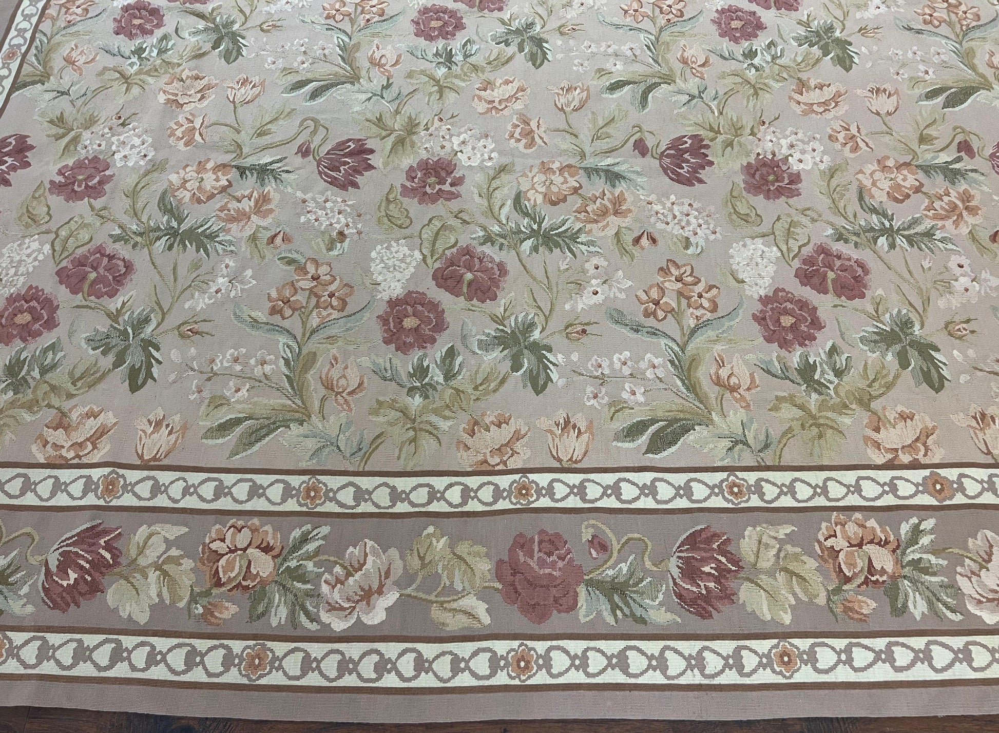 Aubusson Rug 9x12, Pink Beige Light Mauve, Handmade Allover Floral Roses, Wool Flatweave Carpet 9 x 12 ft, European French Design, Elegant - Nuvé