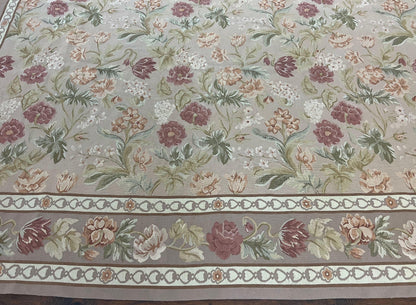 Aubusson Rug 9x12, Pink Beige Light Mauve, Handmade Allover Floral Roses, Wool Flatweave Carpet 9 x 12 ft, European French Design, Elegant - Nuvé