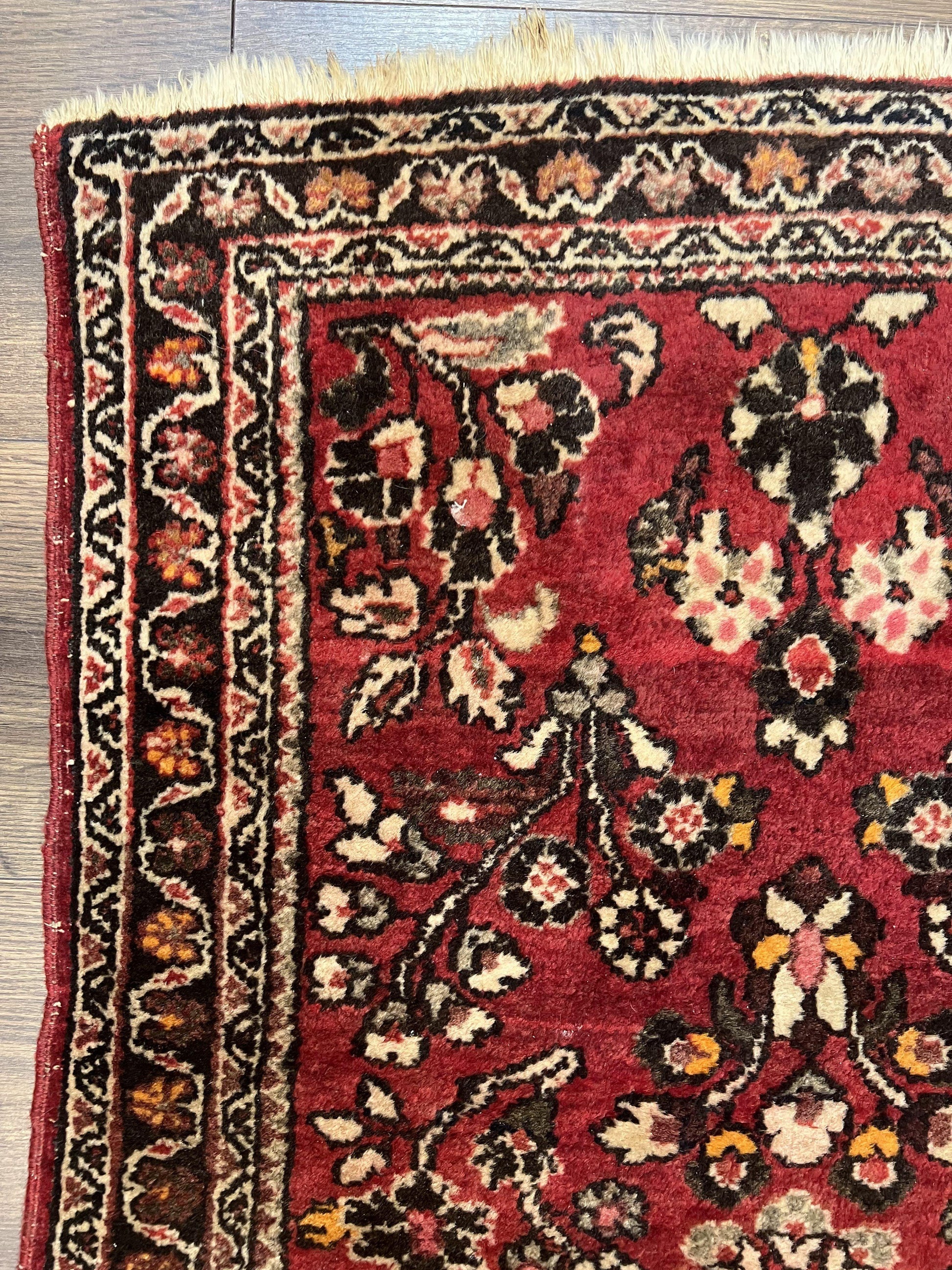 Small Persian Sarouk Rug 2x4 ft, Allover Floral Pattern, Red Black Cream, Hand Knotted Wool Traditional Oriental Carpet, Antique Persian Rug 2 x 4 - Nuvé