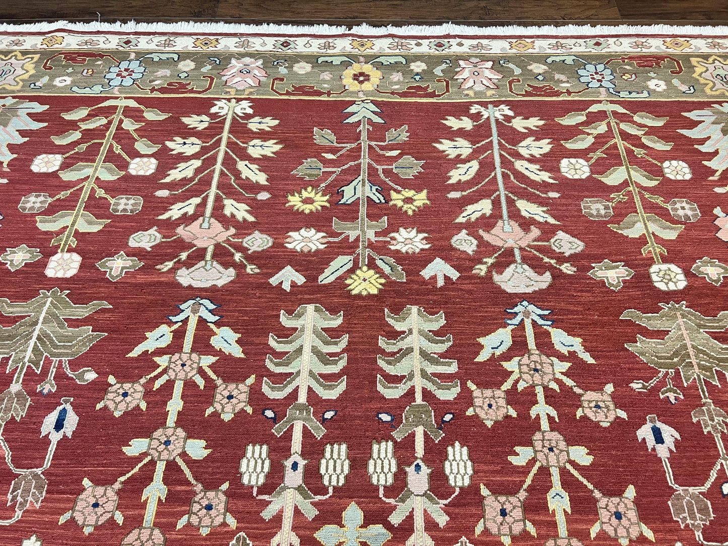 Indian Rug 10x14, Wool Hand Knotted Flatweave Carpet, Tree of Life, Red and Green - Nuvé