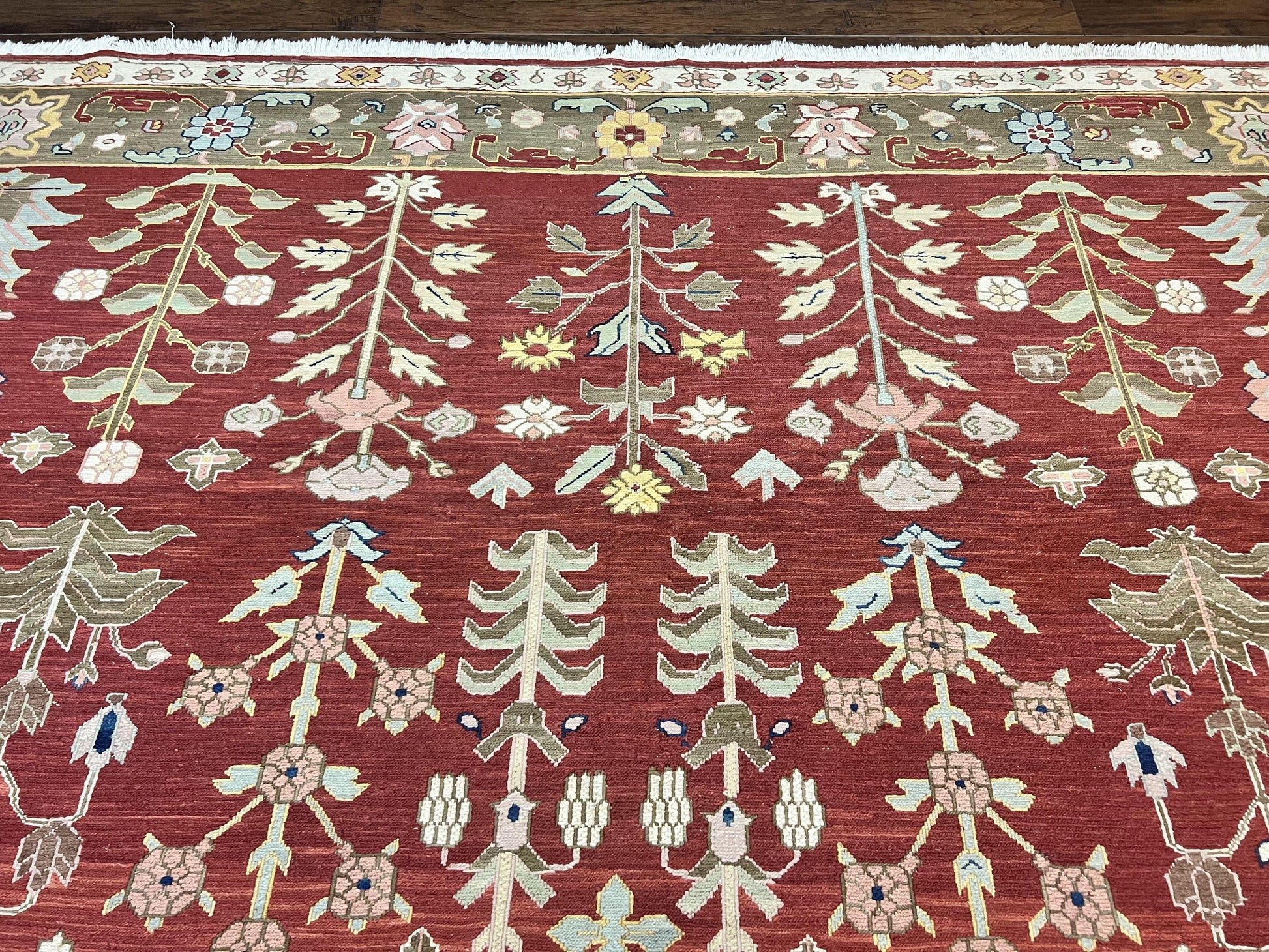 Indian Rug 10x14, Wool Hand Knotted Flatweave Carpet, Tree of Life, Red and Green - Nuvé