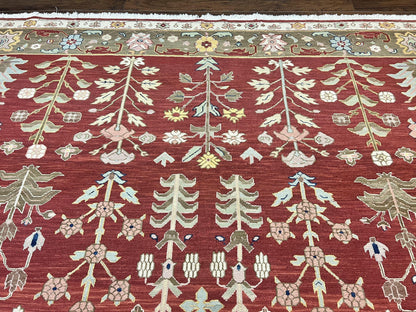 Indian Rug 10x14, Wool Hand Knotted Flatweave Carpet, Tree of Life, Red and Green - Nuvé
