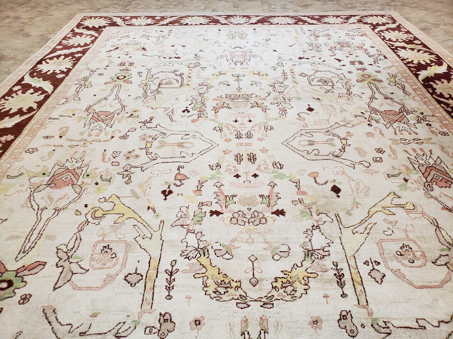 Beige and Maroon Peshawar Rug 10x15, Large Oushak Carpet, Pakistani Rug, Handmade Area Rug, Hand Knotted Rug, Living Room Rug, Nice Wool Rug - Nuvé