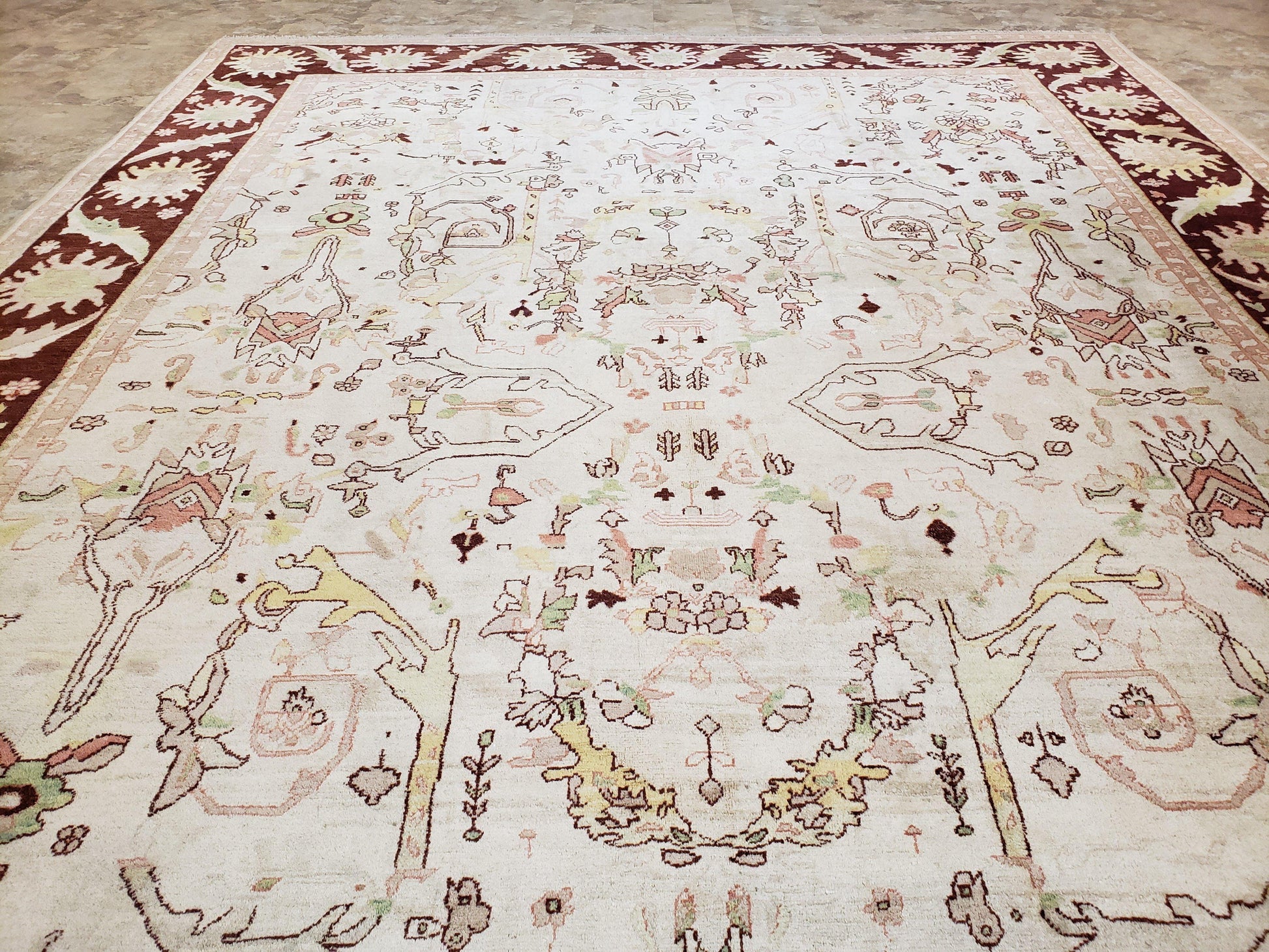 Beige and Maroon Peshawar Rug 10x15, Large Oushak Carpet, Pakistani Rug, Handmade Area Rug, Hand Knotted Rug, Living Room Rug, Nice Wool Rug - Nuvé