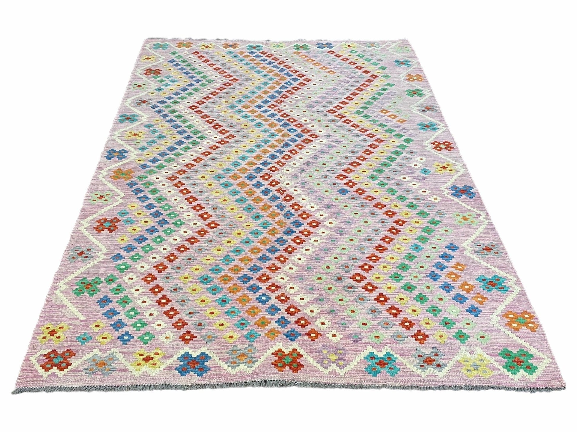 Pink Kilim Rug 6x8 Colorful Turkish Kilim Rug 6 x 8 Flat Weave Kilim Playful Kilim Multicolor Anatolian Chobi New Kilim - Nuvé