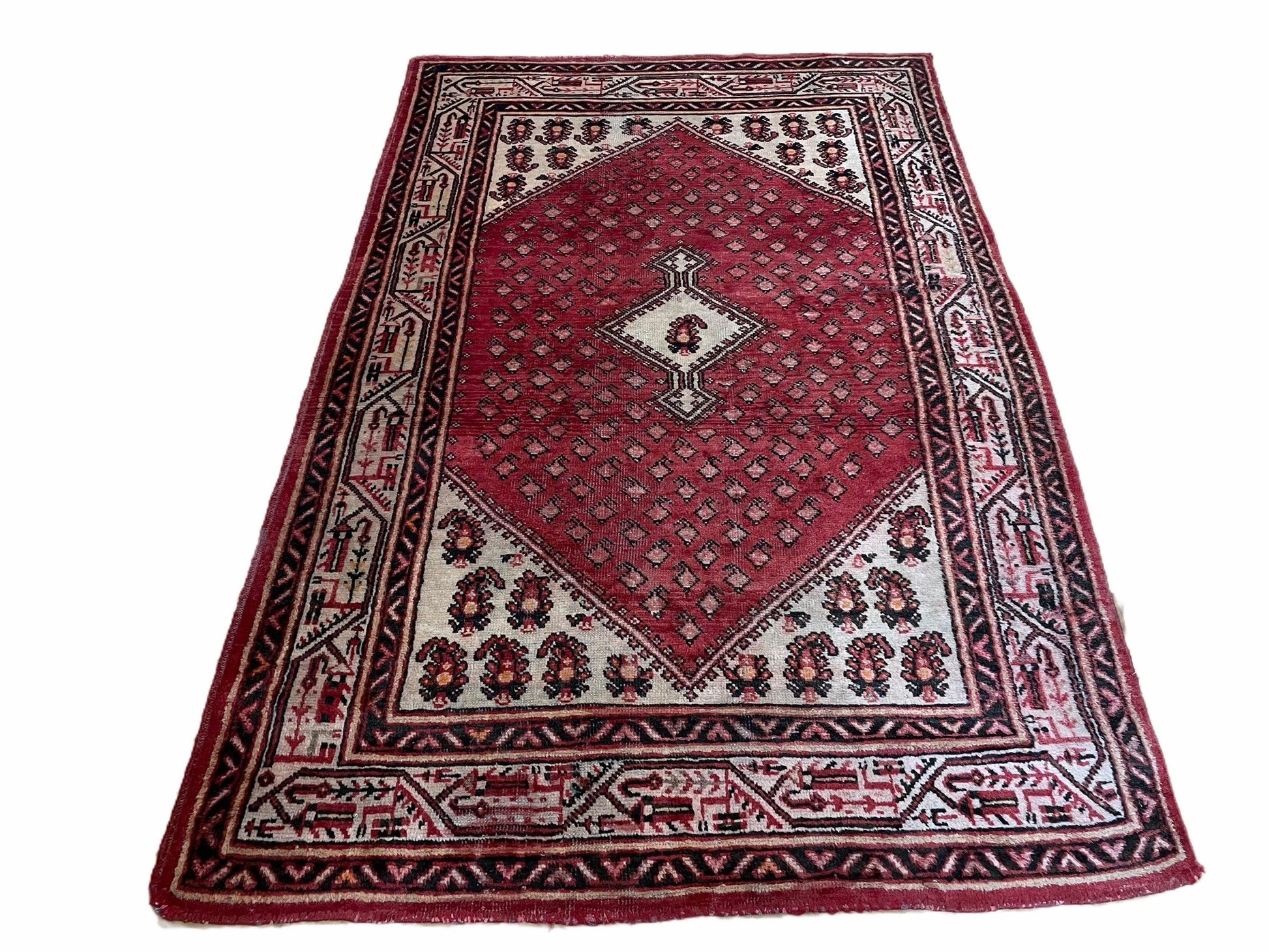 4 X 6.5 Antique Handmade Wool Rug Paisley Boteh Design Tribal Rug Red Ivory - Nuvé