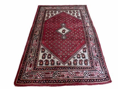 4 X 6.5 Antique Handmade Wool Rug Paisley Boteh Design Tribal Rug Red Ivory - Nuvé