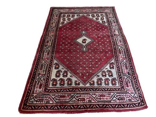 4 X 6.5 Antique Handmade Wool Rug Paisley Boteh Design Tribal Rug Red Ivory - Nuvé
