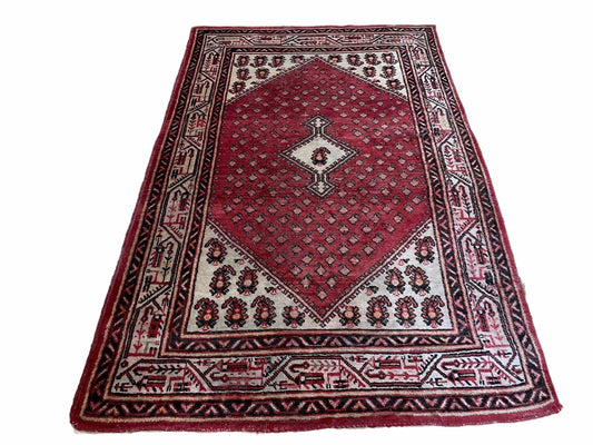 4 X 6.5 Antique Handmade Wool Rug Paisley Boteh Design Tribal Rug Red Ivory - Nuvé