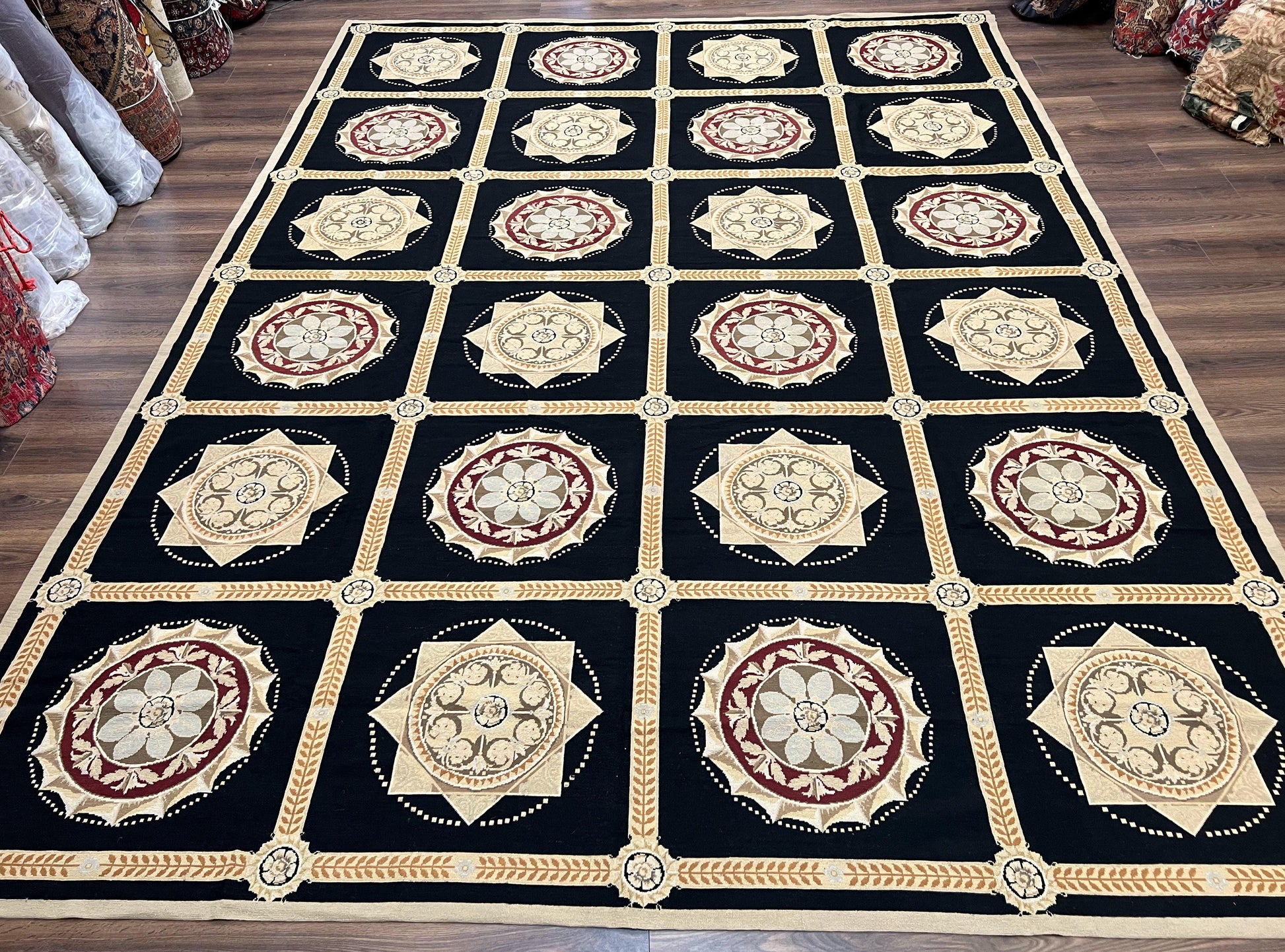 Large Needlepoint Rug 10x13, Panel Design, Black and Beige, Wool Needlepoint Carpet 10 x 13, English Garden, Handwoven Area Rug, Living Room - Nuvé