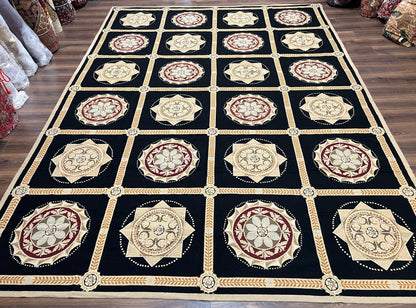 Large Needlepoint Rug 10x13, Panel Design, Black and Beige, Wool Needlepoint Carpet 10 x 13, English Garden, Handwoven Area Rug, Living Room - Nuvé