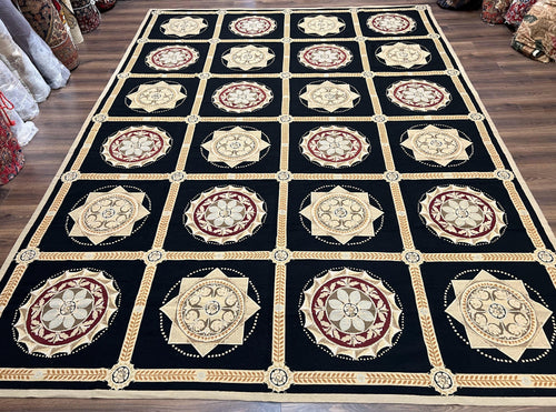 Large Needlepoint Rug 10x13, Panel Design, Black and Beige, Wool Needlepoint Carpet 10 x 13, English Garden, Handwoven Area Rug, Living Room - Nuvé