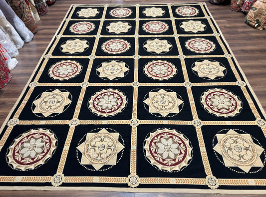 Large Needlepoint Rug 10x13, Panel Design, Black and Beige, Wool Needlepoint Carpet 10 x 13, English Garden, Handwoven Area Rug, Living Room - Nuvé