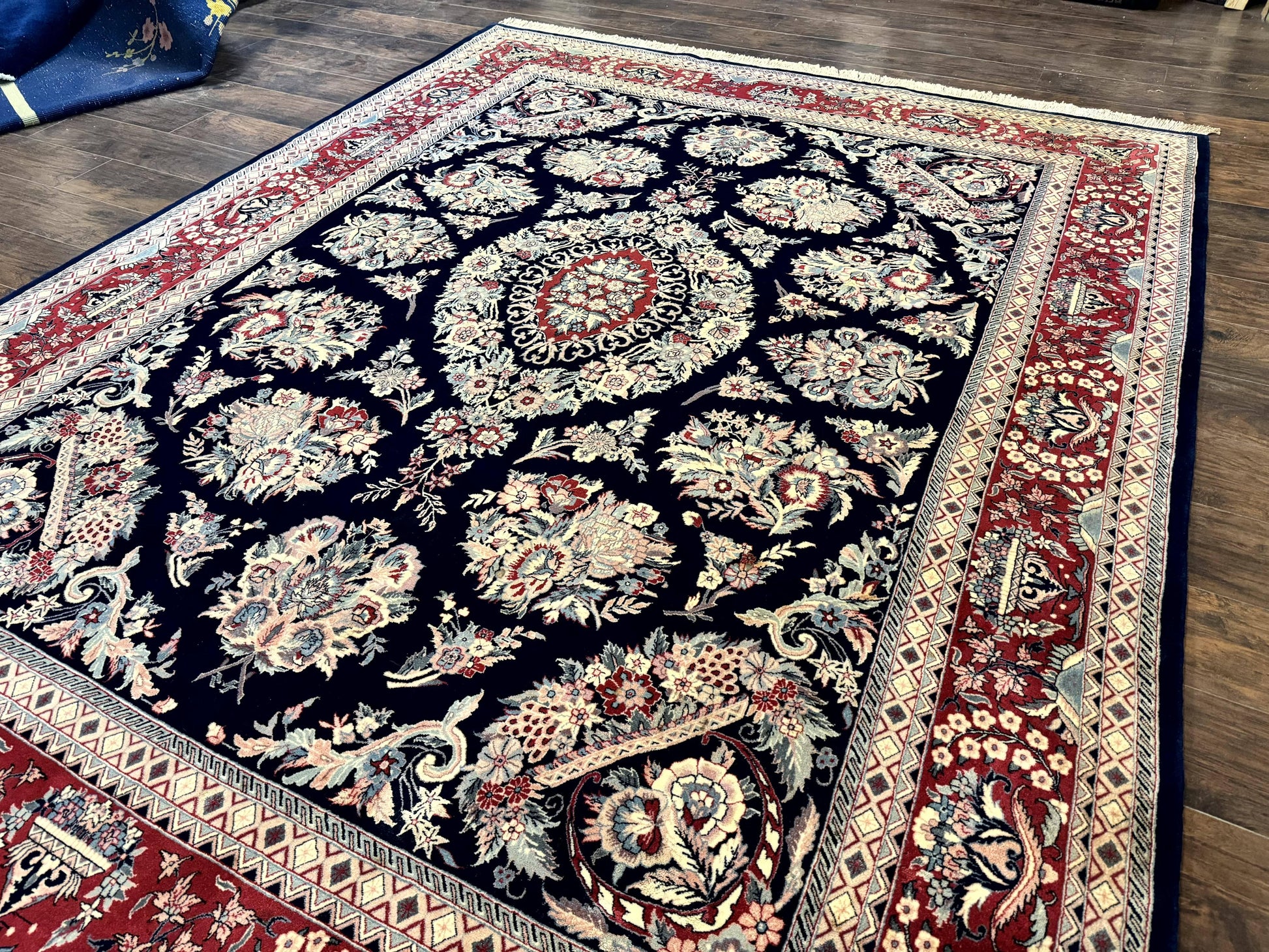 Sino Persian Rug 8x10, Floral Kirman Carpet, Navy Blue and Red, Floral Vases, Handmade Vintage Wool Carpet, 320 KPSI - Nuvé