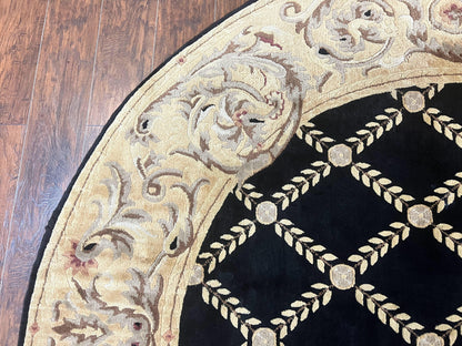 Oval Tibetan Rug 8x10, French Aubusson Design, Wool Handmade Vintage Carpet, Black & Beige, Soft Wool Pile - Nuvé