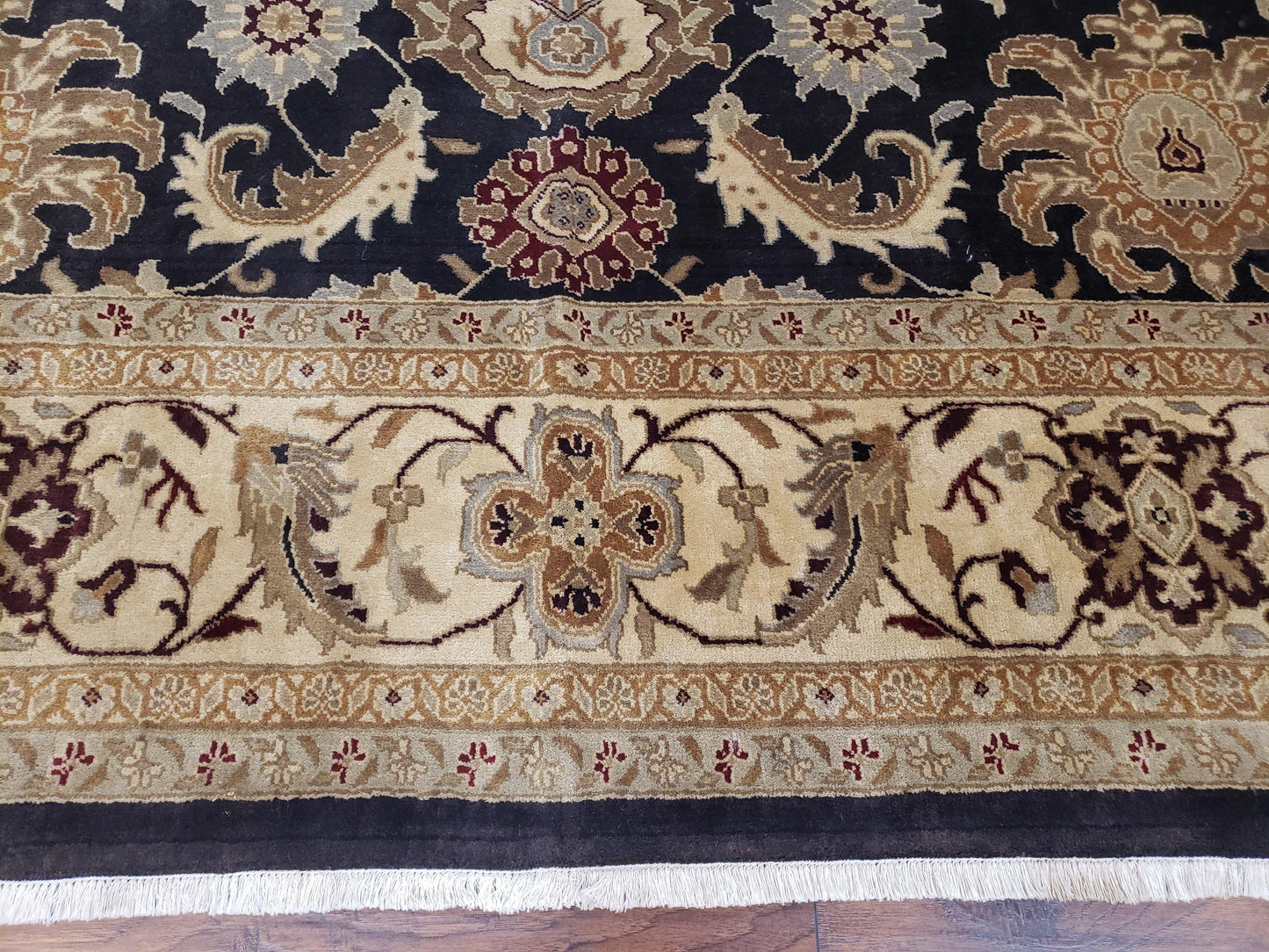 Indo Mahal Rug 8x12, Indian Sultanabad Handmade Area Rug, Vintage Hand-Knotted Wool Black Floral Traditional Oriental Dinning Room Rug - Nuvé
